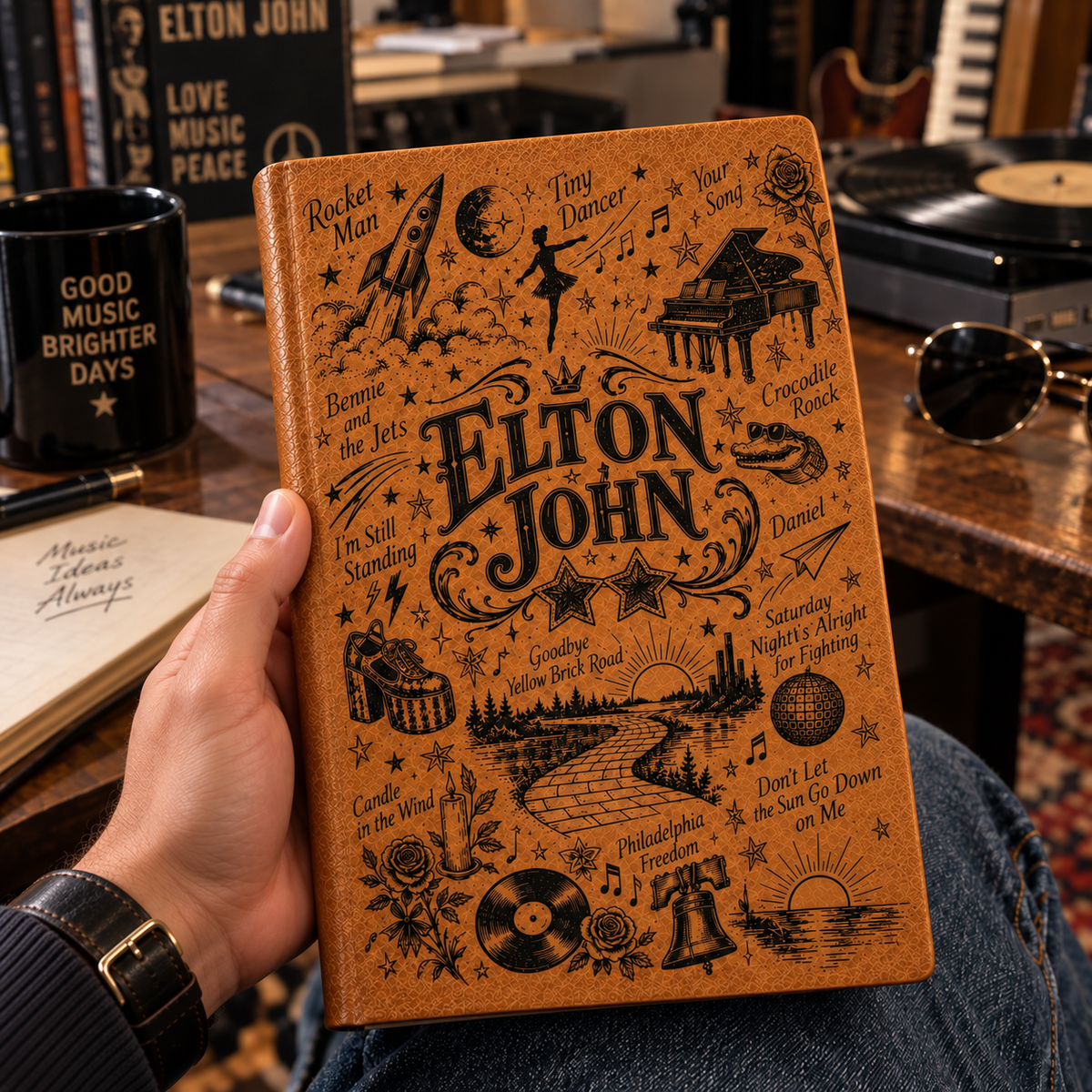 Elton John Vintage Vegan Leather Notebook – Classic Rock & Pop Music Journal & Diary