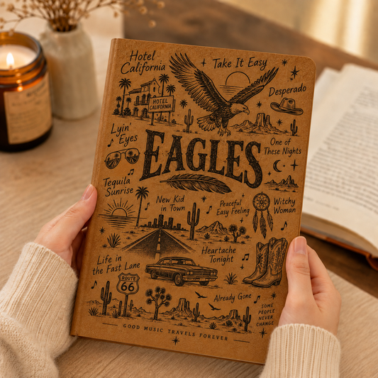 Eagles Hotel California Vintage Leather Journal – Classic Rock Music Notebook & Travel Diary