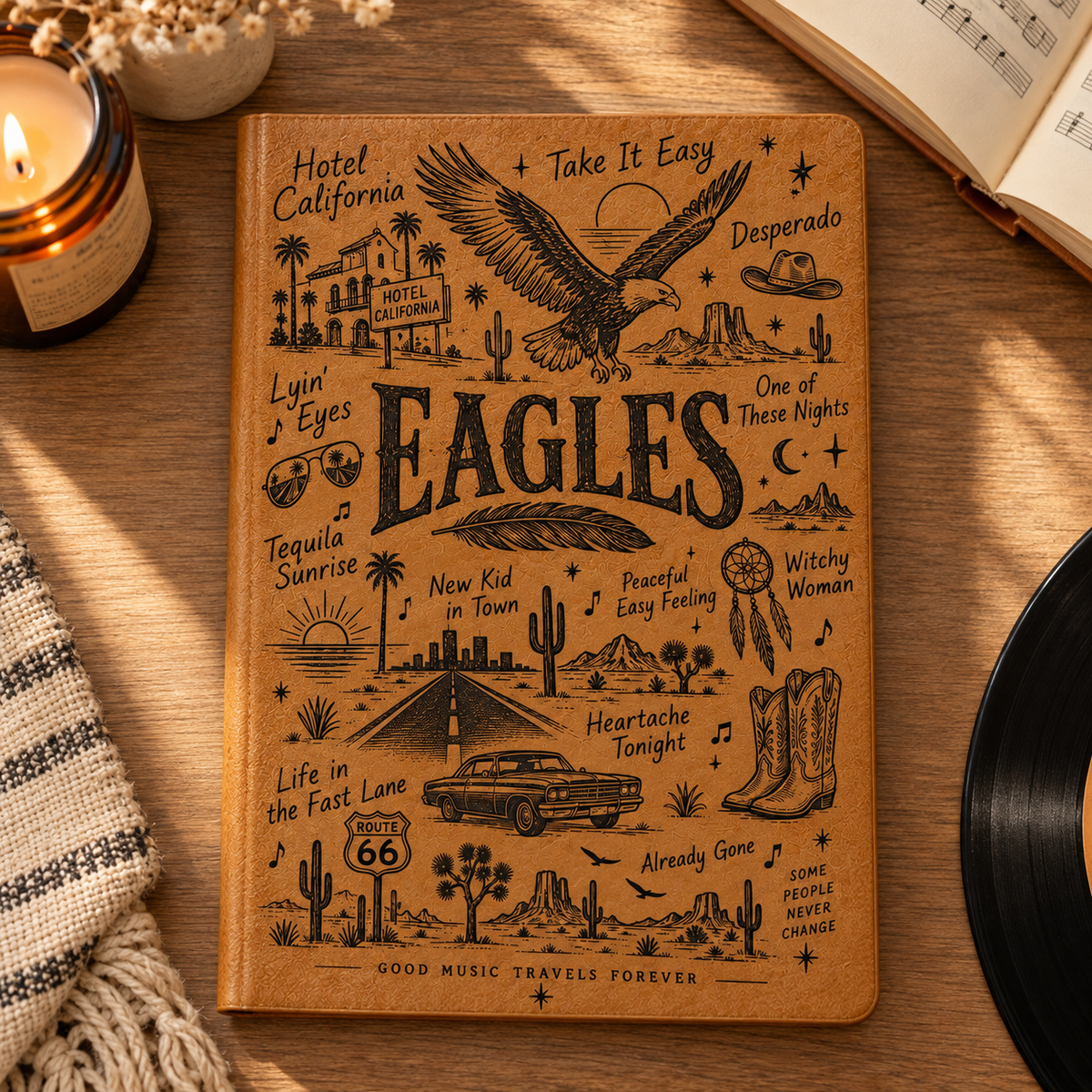 Eagles Hotel California Vintage Leather Journal – Classic Rock Music Notebook & Travel Diary