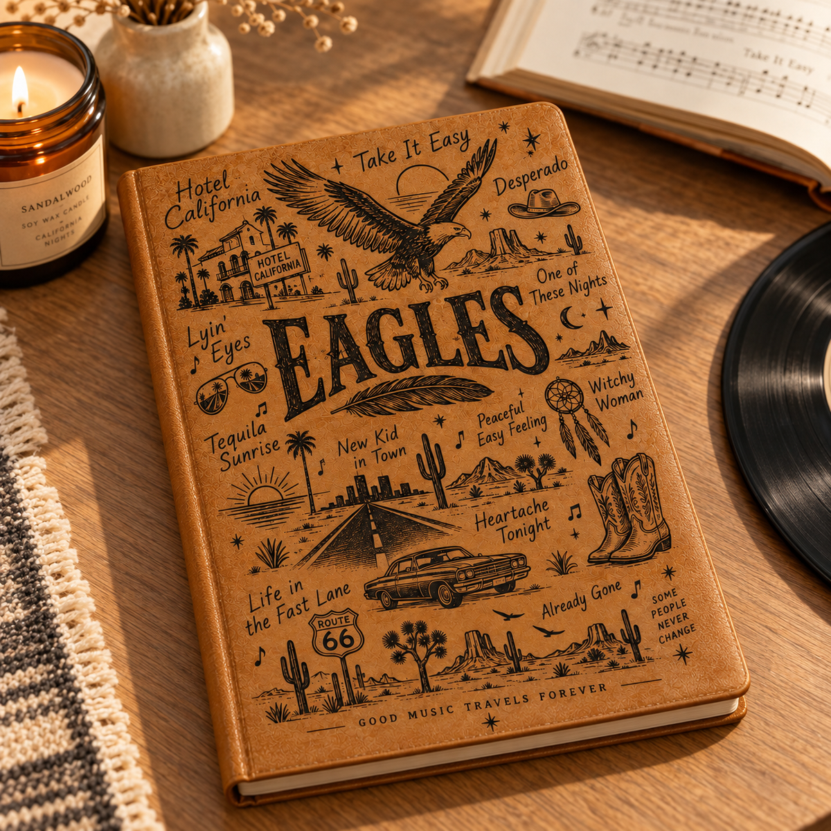 Eagles Hotel California Vintage Leather Journal – Classic Rock Music Notebook & Travel Diary