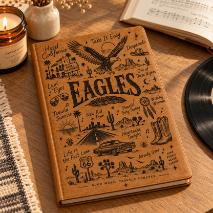 Eagles Hotel California Vintage Leather Journal – Classic Rock Music Notebook & Travel Diary