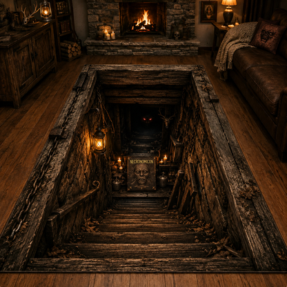 Evil Dead Necronomicon 3D Horror Rug, Cabin Cellar Halloween Area Rug, Gothic Horror Floor Mat, Necronomicon Basement Decor