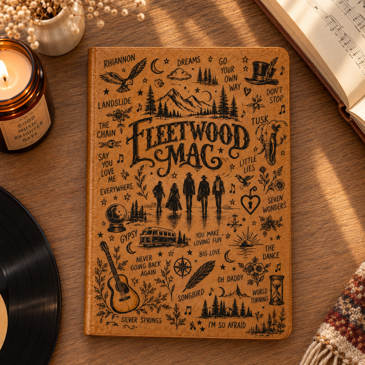 Fleetwood Mac Vintage Leather Journal – Rumours Era Classic Rock Music Notebook & Diary