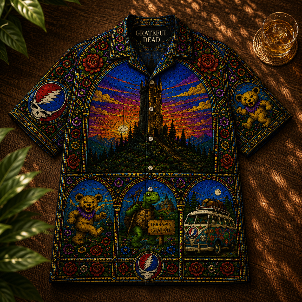 Grateful Dead Hawaiian Shirt – Unisex Retro Terrapin Turtle Cathedral Window Button Up