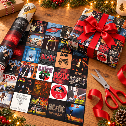 AC/DC Album Cover Wrapping Paper Roll – Classic Rock Gift Wrap, Vintage Music Album Collage Christmas Wrapping Paper for AC/DC Fans