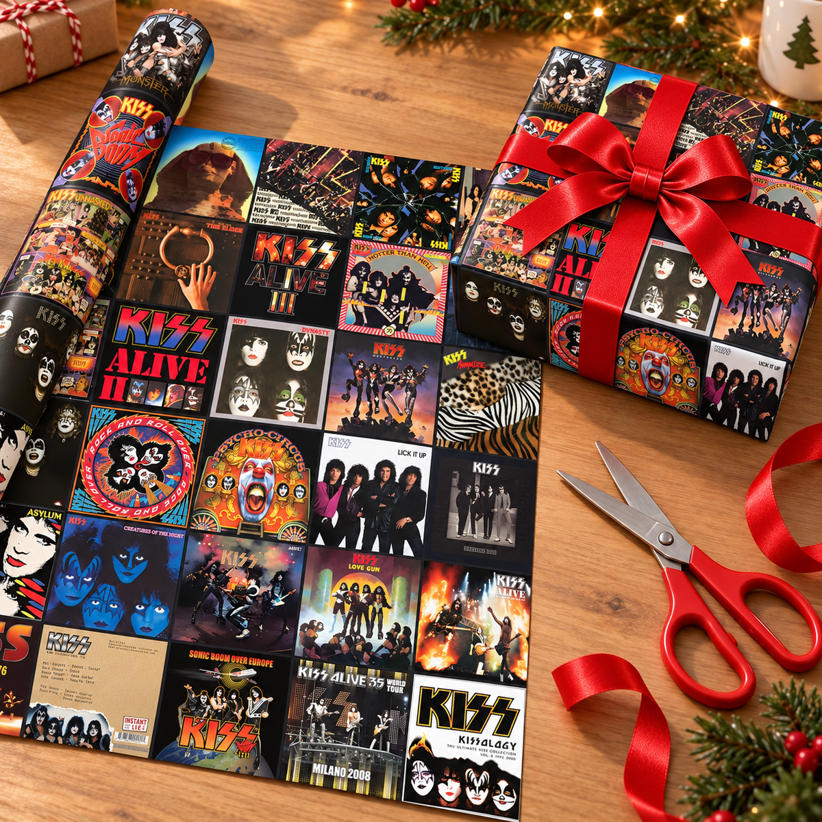 KISS Album Cover Wrapping Paper Roll – Classic Rock Music Gift Wrap, Vintage Album Collage Christmas Wrapping Paper for KISS Fans