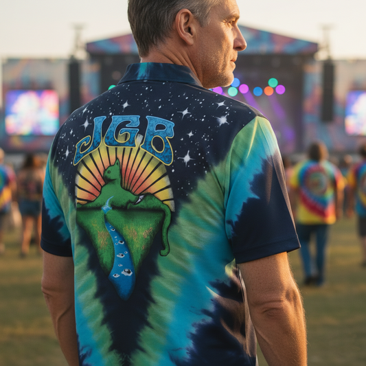 JGB Sunset River Tie-Dye Polo – Retro Concert Nostalgia