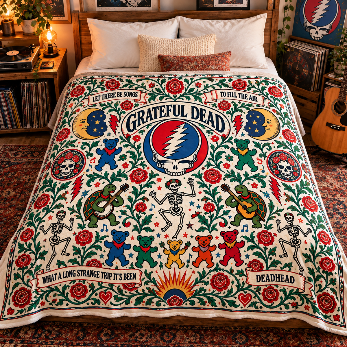 Grateful Dead Sherpa Blanket – Steal Your Face, Dancing Bears & Roses Fleece Throw, Deadhead Gift, Psychedelic Rock Music Decor
