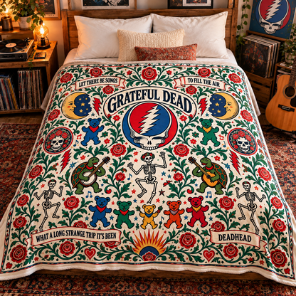Grateful Dead Sherpa Blanket – Steal Your Face, Dancing Bears & Roses Fleece Throw, Deadhead Gift, Psychedelic Rock Music Decor