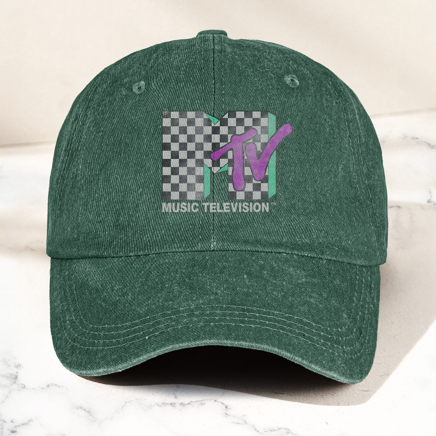 MTV Leopard Logo Black Denim Cap – Vintage Washed Music Television Dad Hat, Retro Streetwear Hat (With Box)
