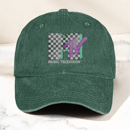 MTV Leopard Logo Black Denim Cap – Vintage Washed Music Television Dad Hat, Retro Streetwear Hat (With Box)