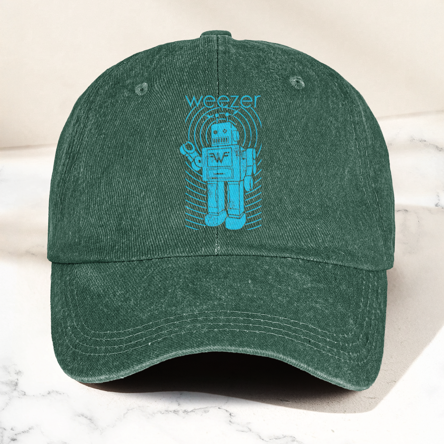 Weezer Robot Logo Cap – Vintage Washed Black Denim Dad Hat, Retro Sci-Fi Band Graphic Hat (With Box)