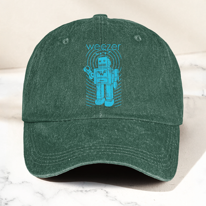 Weezer Robot Logo Cap – Vintage Washed Black Denim Dad Hat, Retro Sci-Fi Band Graphic Hat (With Box)