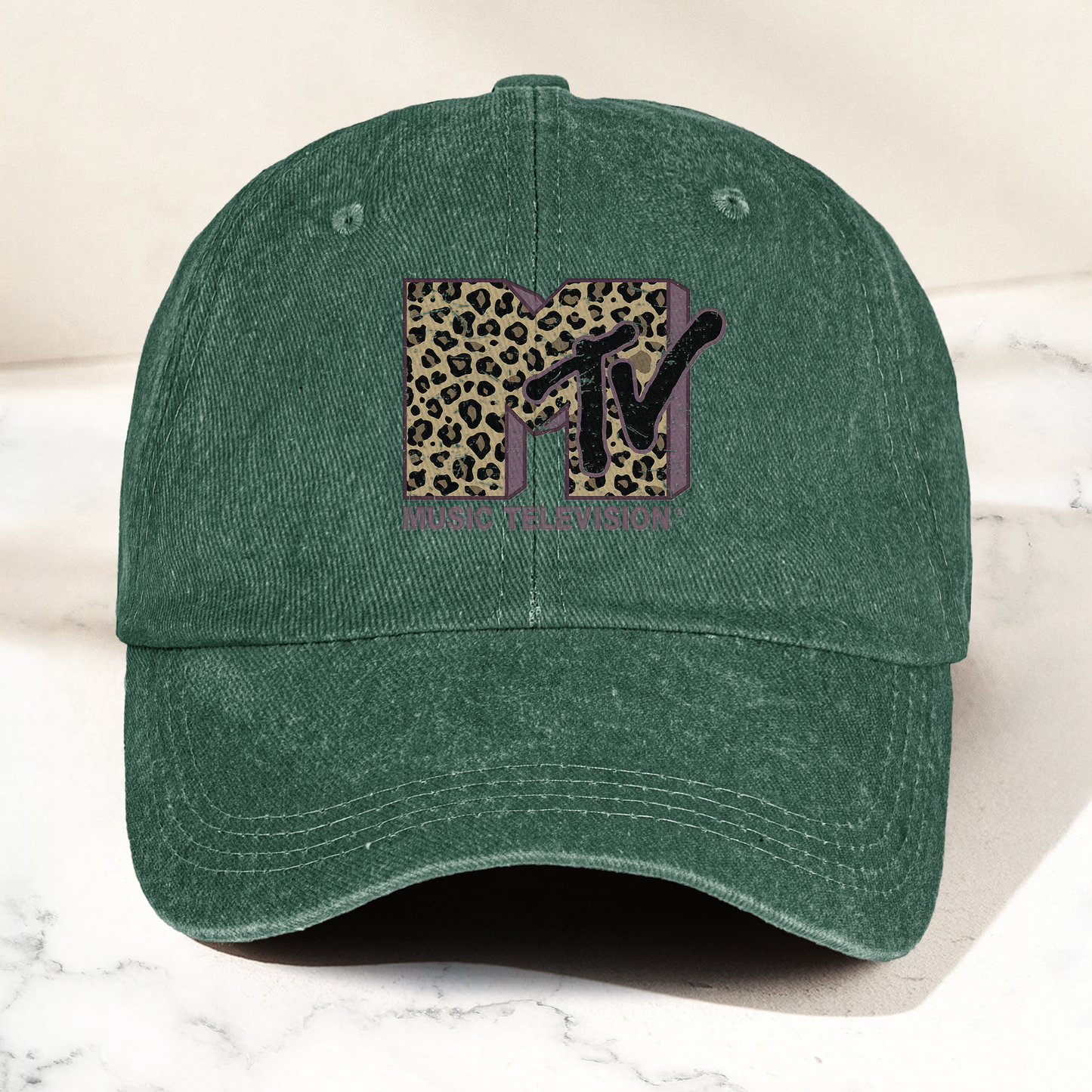 MTV Leopard Logo Cap – Vintage Washed Hat, Retro Music Television Minimalist Streetwear Hat (With Box)