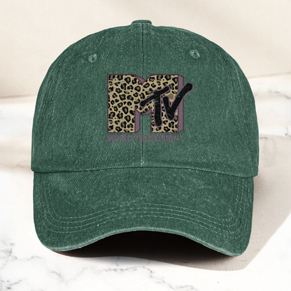 MTV Leopard Logo Cap – Vintage Washed Hat, Retro Music Television Minimalist Streetwear Hat (With Box)