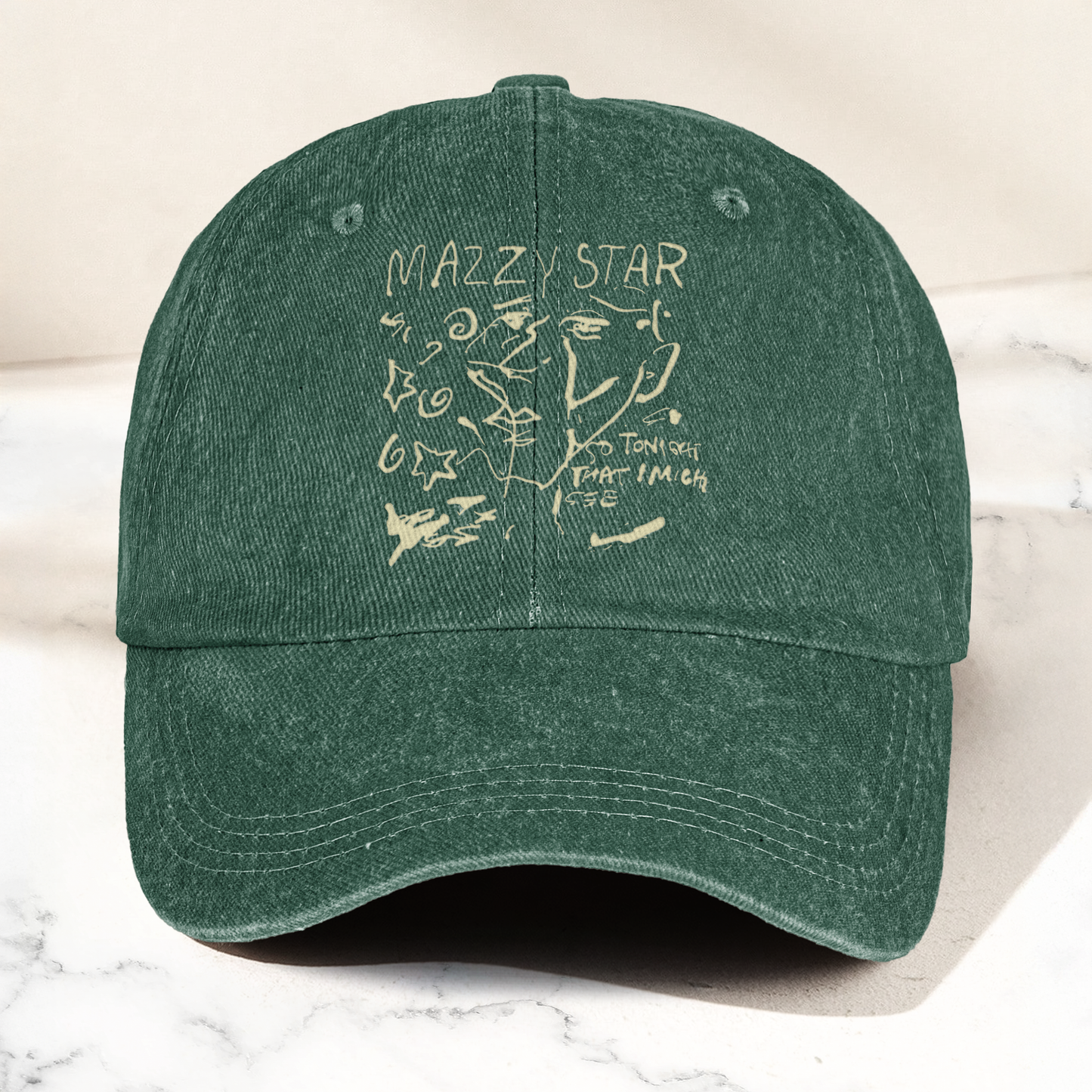 Mazzy Star Vintage Sketch Cap – Washed Black Denim Dad Hat, Dream Pop Band Aesthetic Hat Gift (With Box)