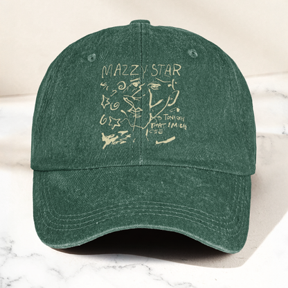 Mazzy Star Vintage Sketch Cap – Washed Black Denim Dad Hat, Dream Pop Band Aesthetic Hat Gift (With Box)