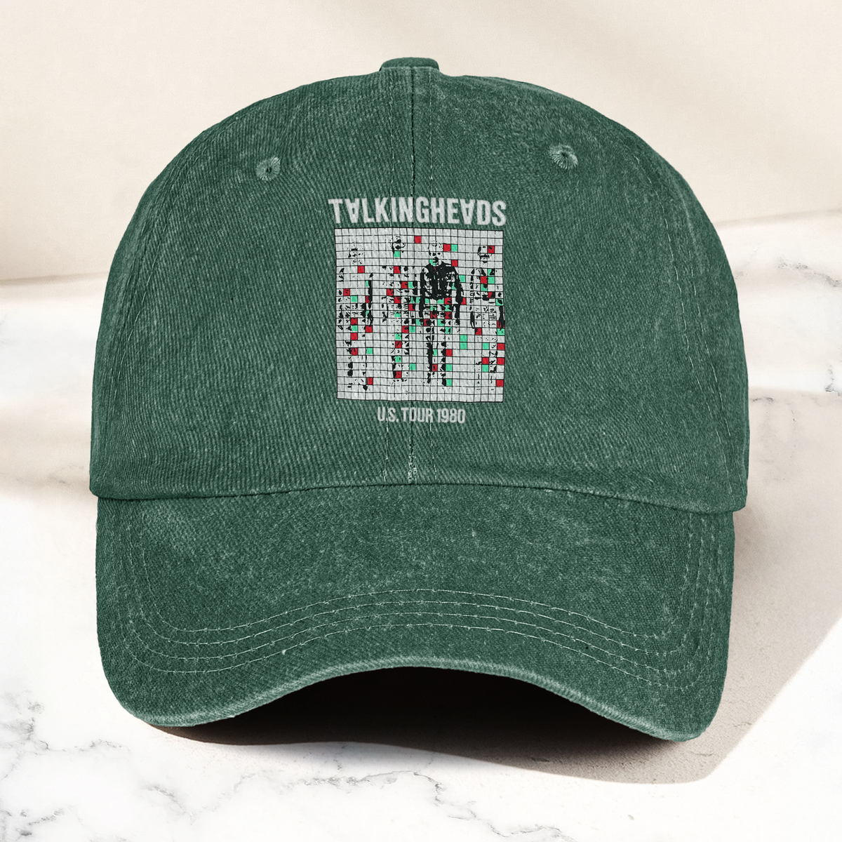 Talking Heads US Tour 1980 Cap – Vintage Washed Black Denim Dad Hat, Glitch Graphic Retro Band Hat (With Box)