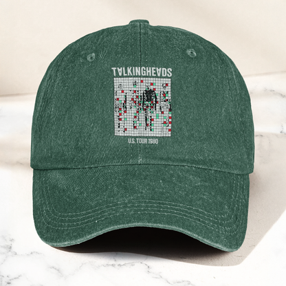 Talking Heads US Tour 1980 Cap – Vintage Washed Black Denim Dad Hat, Glitch Graphic Retro Band Hat (With Box)