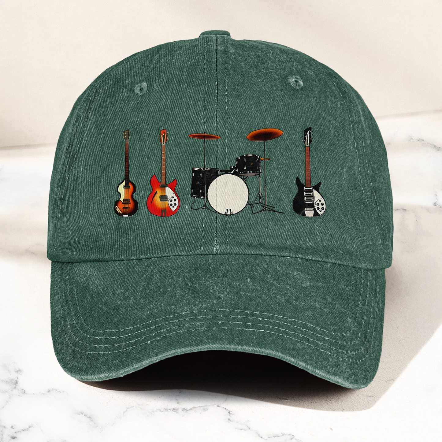 Vintage Rock Instruments Cap – Washed Black Denim Dad Hat, Guitar & Drum Minimalist Music Hat (With Box)