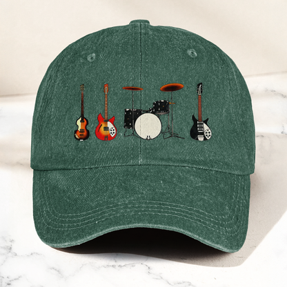 Vintage Rock Instruments Cap – Washed Black Denim Dad Hat, Guitar & Drum Minimalist Music Hat (With Box)