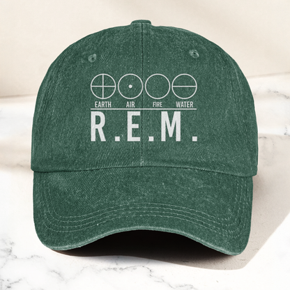 R.E.M Elements Logo Cap – Vintage Washed Black Denim Dad Hat, Earth Air Fire Water Minimalist Band Hat (With Box)