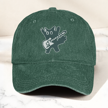 Rockstar Cat Artwork Vintage Denim Cap – Retro The Cure Band Merch Gift for Dad (With Box)