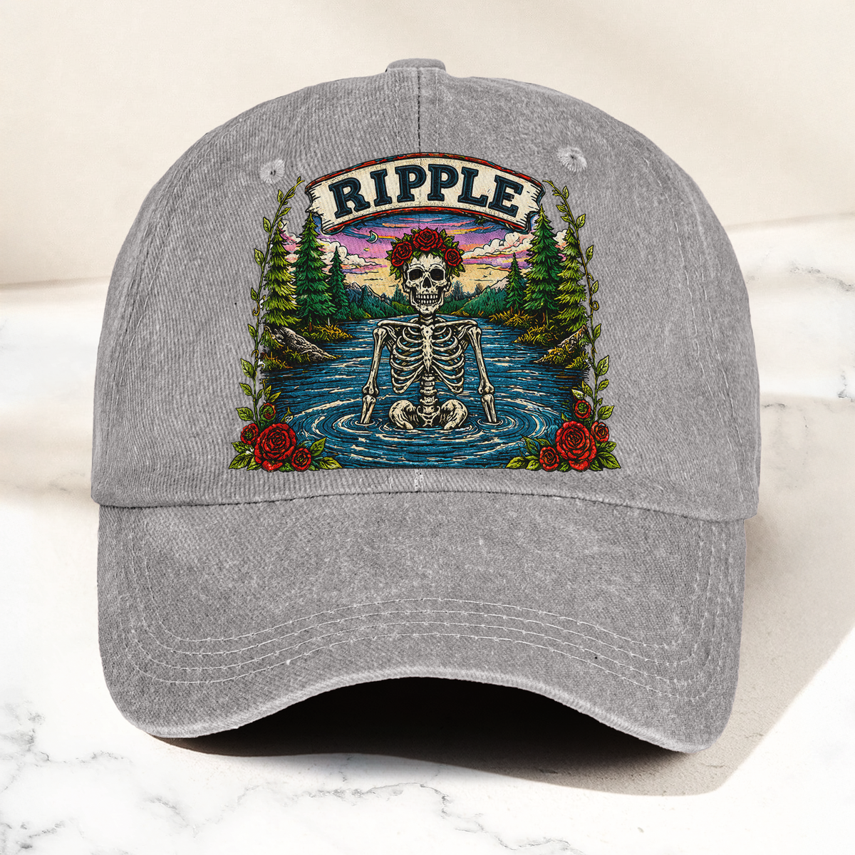Grateful Dead Ripple Lyrics Skeleton River Nature Denim Cap – Retro Vintage Dad Cap Gift For Dad (With Box)