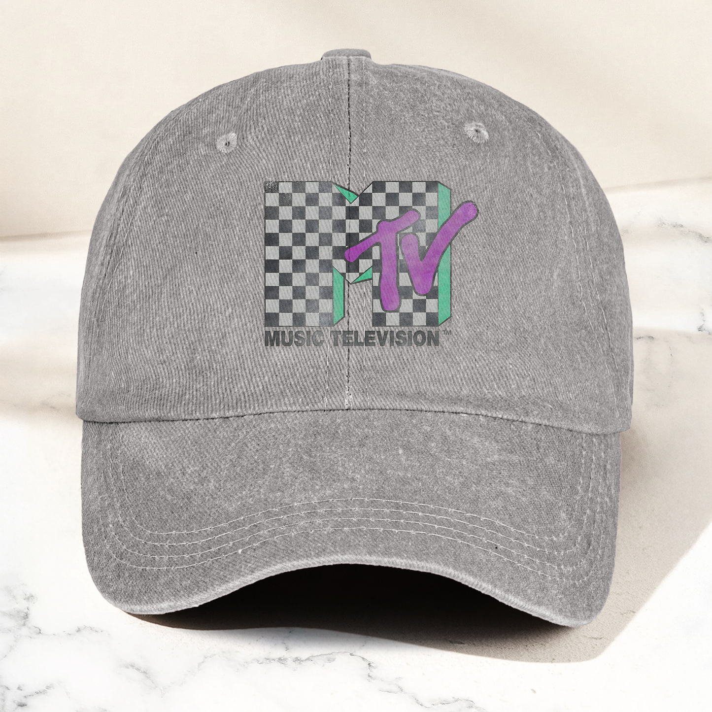 MTV Leopard Logo Black Denim Cap – Vintage Washed Music Television Dad Hat, Retro Streetwear Hat (With Box)