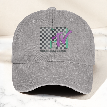 MTV Leopard Logo Black Denim Cap – Vintage Washed Music Television Dad Hat, Retro Streetwear Hat (With Box)