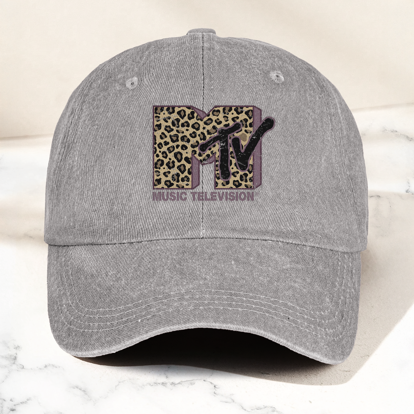 MTV Leopard Logo Cap – Vintage Washed Hat, Retro Music Television Minimalist Streetwear Hat (With Box)