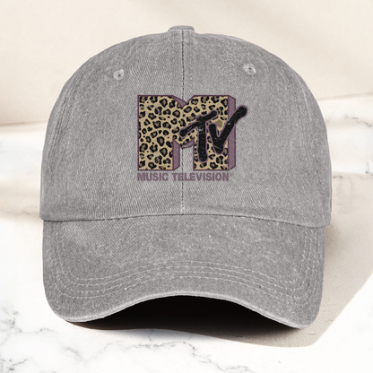 MTV Leopard Logo Cap – Vintage Washed Hat, Retro Music Television Minimalist Streetwear Hat (With Box)