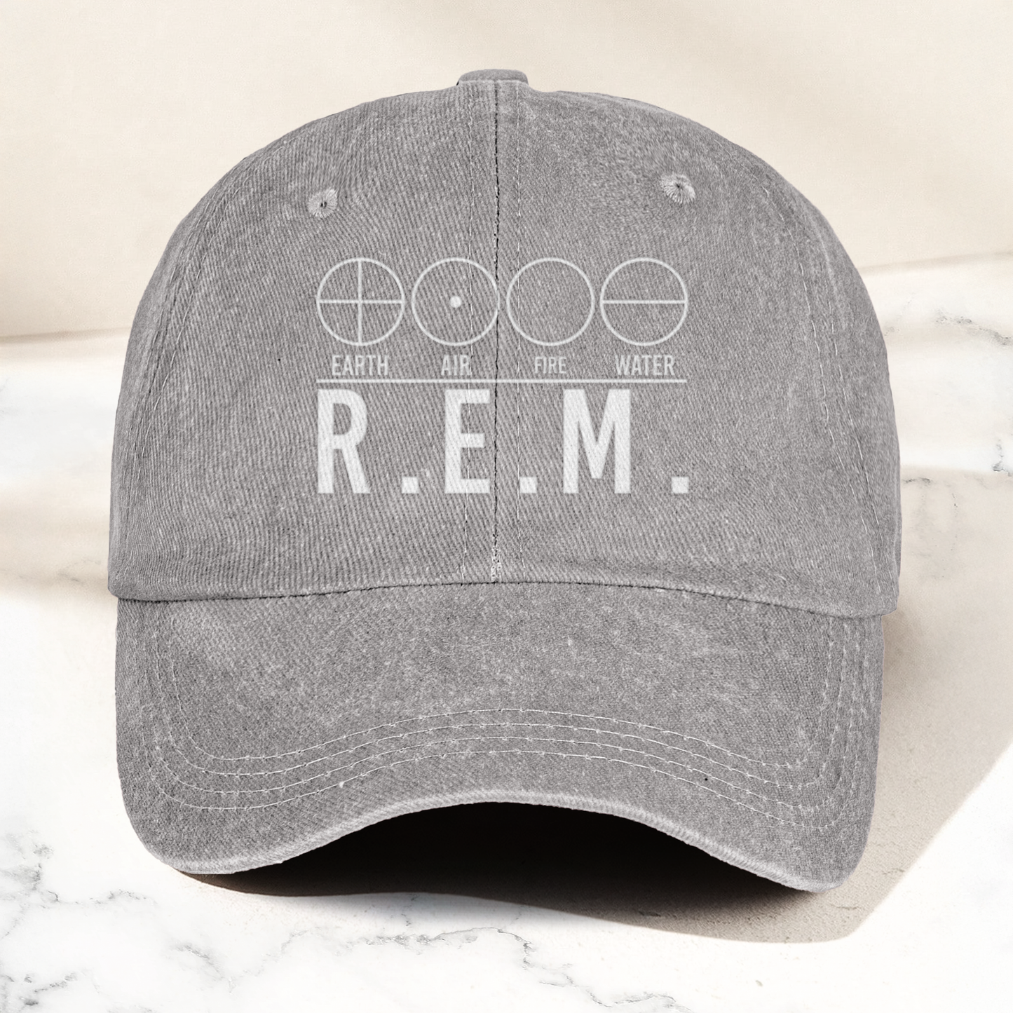 R.E.M Elements Logo Cap – Vintage Washed Black Denim Dad Hat, Earth Air Fire Water Minimalist Band Hat (With Box)