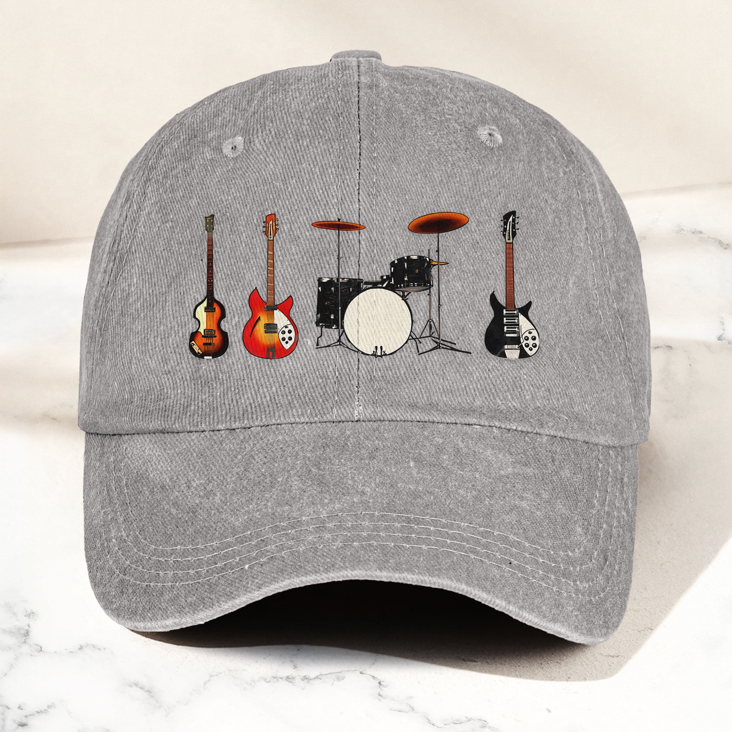 Vintage Rock Instruments Cap – Washed Black Denim Dad Hat, Guitar & Drum Minimalist Music Hat (With Box)