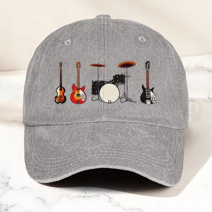 Vintage Rock Instruments Cap – Washed Black Denim Dad Hat, Guitar & Drum Minimalist Music Hat (With Box)