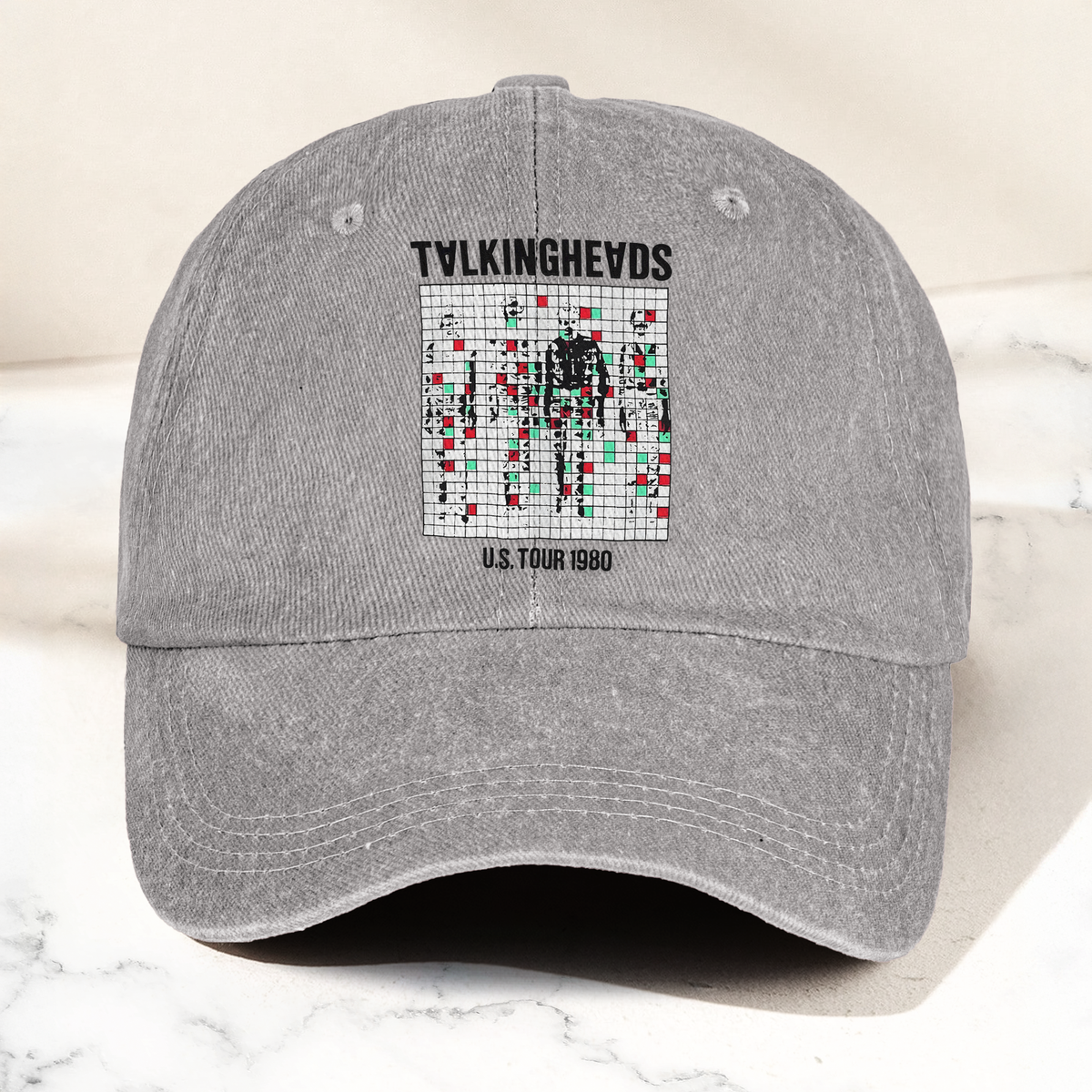 Talking Heads US Tour 1980 Cap – Vintage Washed Black Denim Dad Hat, Glitch Graphic Retro Band Hat (With Box)