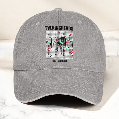 Talking Heads US Tour 1980 Cap – Vintage Washed Black Denim Dad Hat, Glitch Graphic Retro Band Hat (With Box)