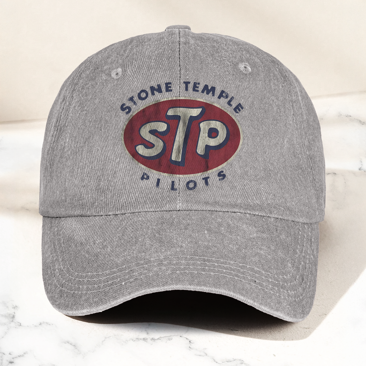Stone Temple Pilots STP Cap – Vintage Washed Black Denim Dad Hat, Retro 90s Rock Band Logo Hat (With Box)