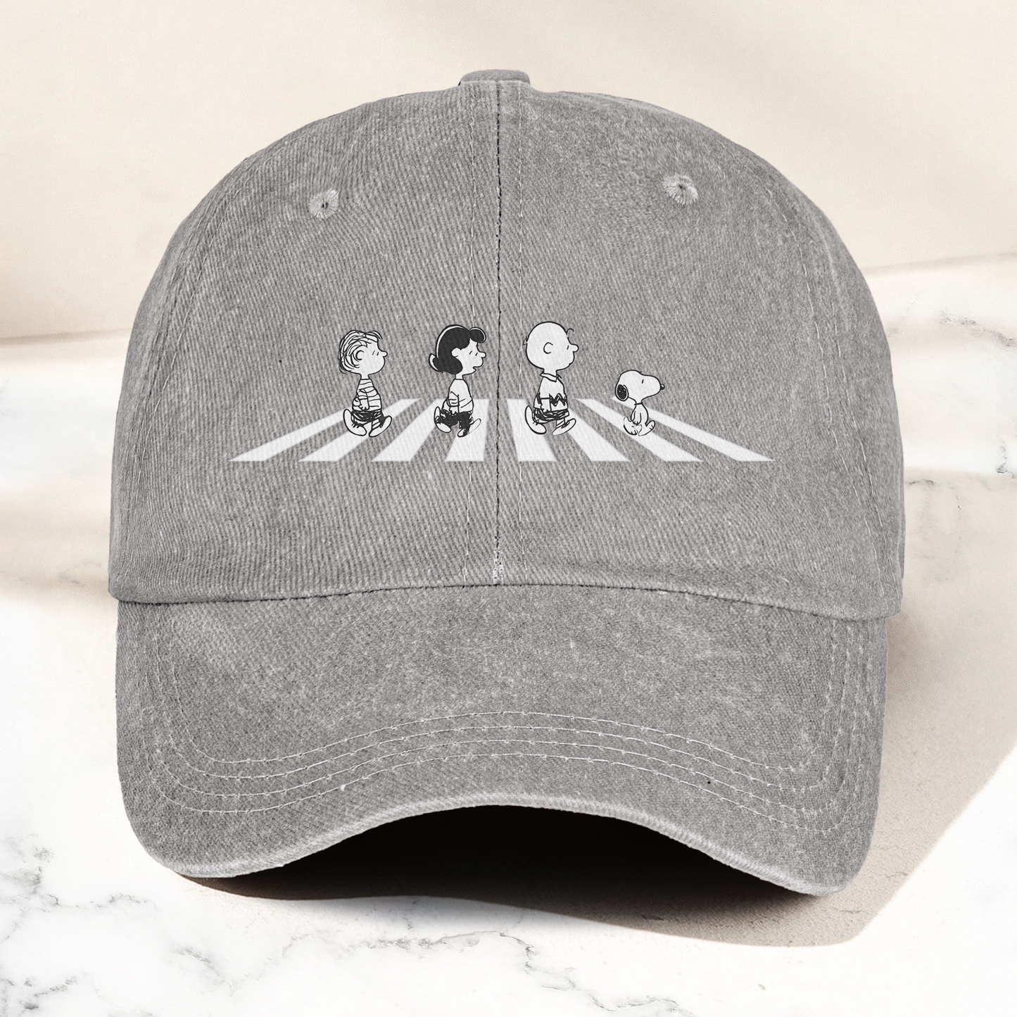 Peanuts Crosswalk Denim Cap – Minimalist Cartoon Abbey Road Style Dad Hat (With Box)