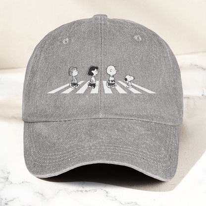 Peanuts Crosswalk Denim Cap – Minimalist Cartoon Abbey Road Style Dad Hat (With Box)