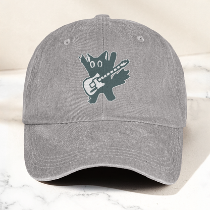 Rockstar Cat Artwork Vintage Denim Cap – Retro The Cure Band Merch Gift for Dad (With Box)