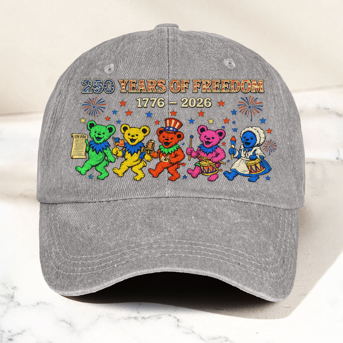 Grateful Dead 250 Years Of Freedom 1776 2026 4th of July Dancing Bears Denim Cap – Retro Vintage Dad Cap Gift For Dad (With Box)
