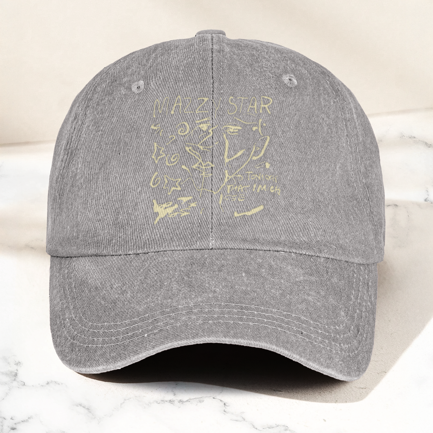 Mazzy Star Vintage Sketch Cap – Washed Black Denim Dad Hat, Dream Pop Band Aesthetic Hat Gift (With Box)