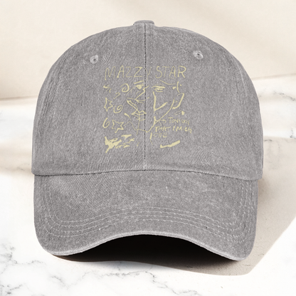 Mazzy Star Vintage Sketch Cap – Washed Black Denim Dad Hat, Dream Pop Band Aesthetic Hat Gift (With Box)