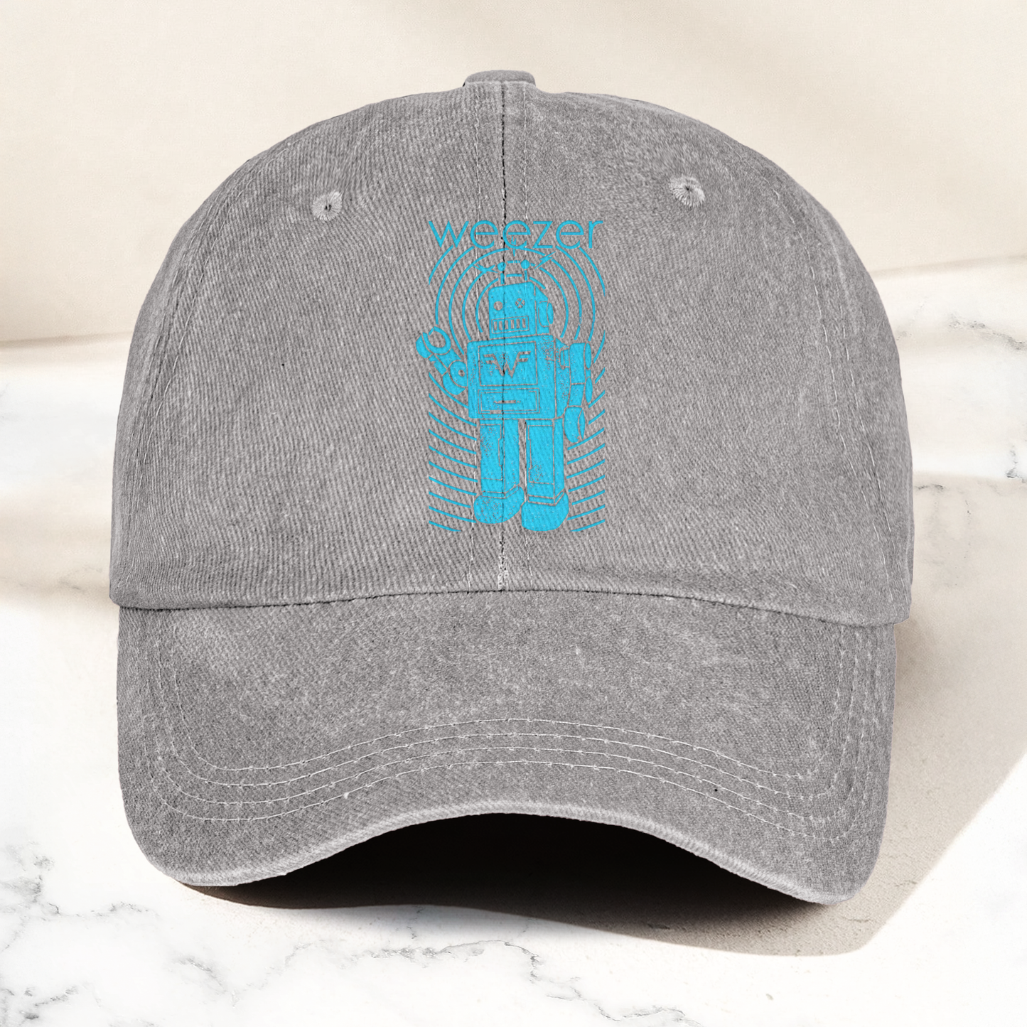 Weezer Robot Logo Cap – Vintage Washed Black Denim Dad Hat, Retro Sci-Fi Band Graphic Hat (With Box)