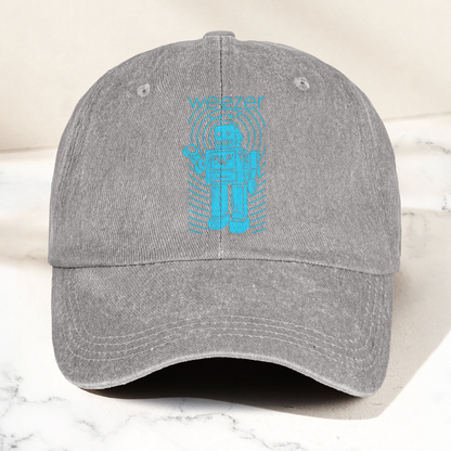Weezer Robot Logo Cap – Vintage Washed Black Denim Dad Hat, Retro Sci-Fi Band Graphic Hat (With Box)