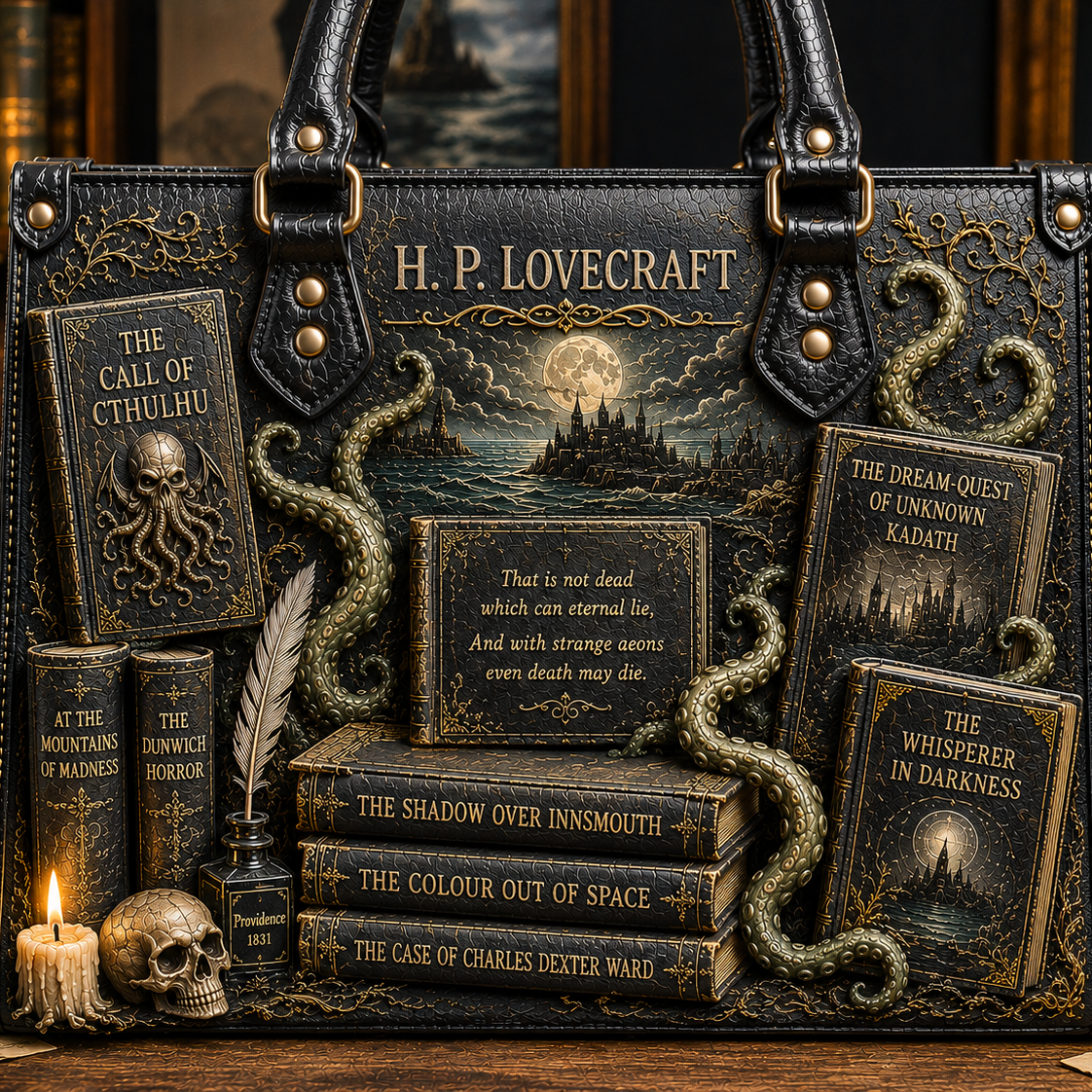 H.P. Lovecraft Cthulhu Gothic Tote Bag – Cosmic Horror Book Lover Handbag, Dark Academia Zippered Shoulder Bag, Lovecraft Literary Gift