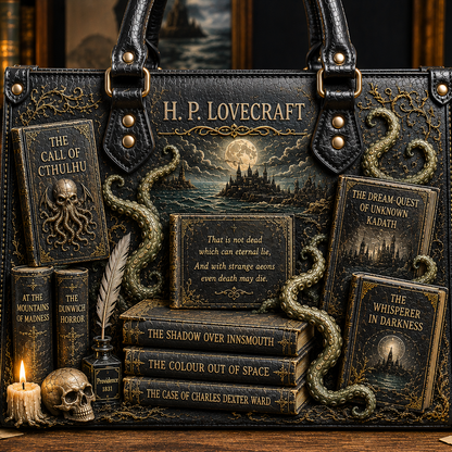 H.P. Lovecraft Cthulhu Gothic Tote Bag – Cosmic Horror Book Lover Handbag, Dark Academia Zippered Shoulder Bag, Lovecraft Literary Gift