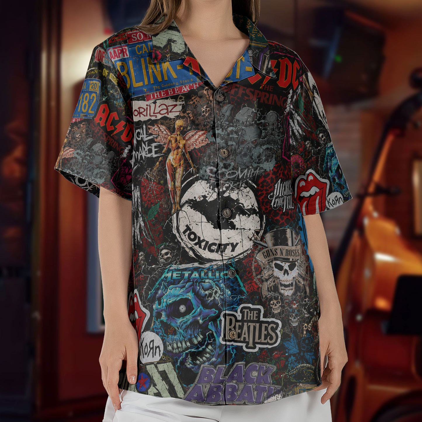 Rock Band Collage Graffiti Street Art Hawaiian Shirt - Unisex Heavy Metal Grunge Summer Button Up