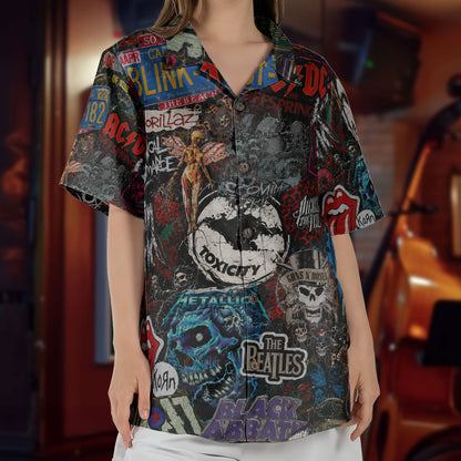 Rock Band Collage Graffiti Street Art Hawaiian Shirt - Unisex Heavy Metal Grunge Summer Button Up